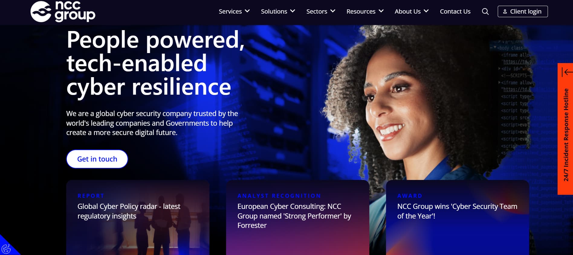 Website hero for NCC Group emphasizing people-powered, technology-enabled cyber resilience, trusted by governments and large enterprises.