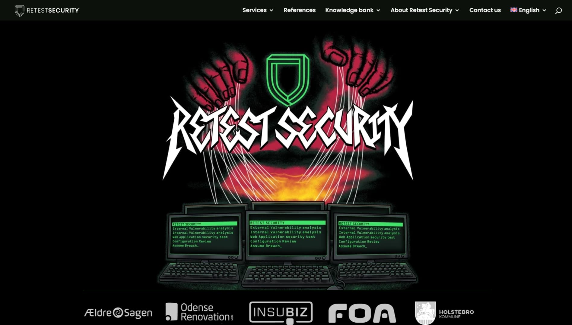 Screenshot of Retest Security homepage featuring bold typography and graphics with computers and green terminal text, emphasizing penetration testing and vulnerability analysis