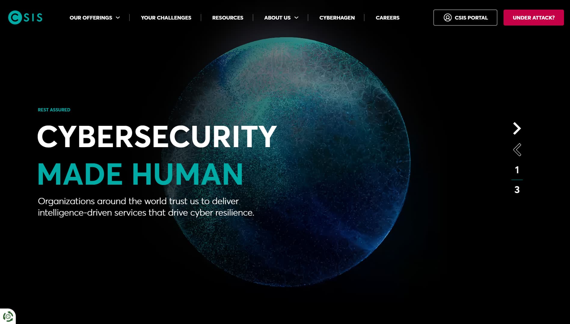 Screenshot of CSIS homepage displaying the slogan ‘Cybersecurity Made Human,’ emphasizing intelligence-driven cybersecurity services and resilience.