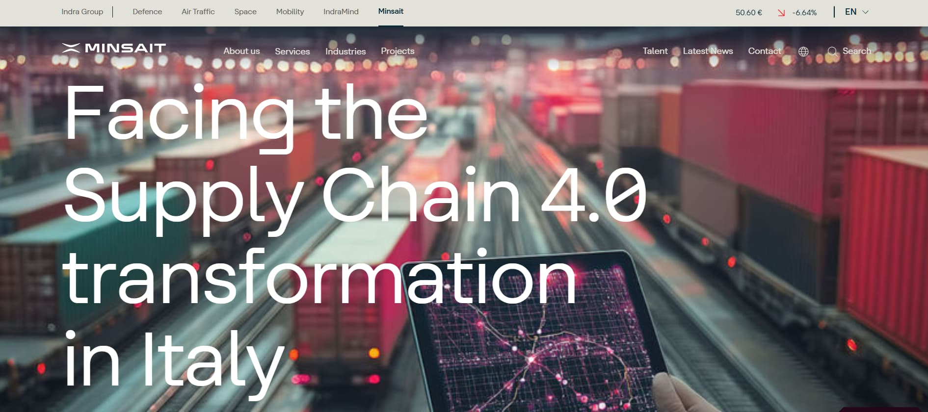 Website banner for Minsait showing a blurred logistics rail yard with stacked shipping containers and train tracks at dusk, large headline text reading “Facing the Supply Chain 4.0 transformation in Italy,” and a hand in the foreground holding a tablet displaying a digital network map.