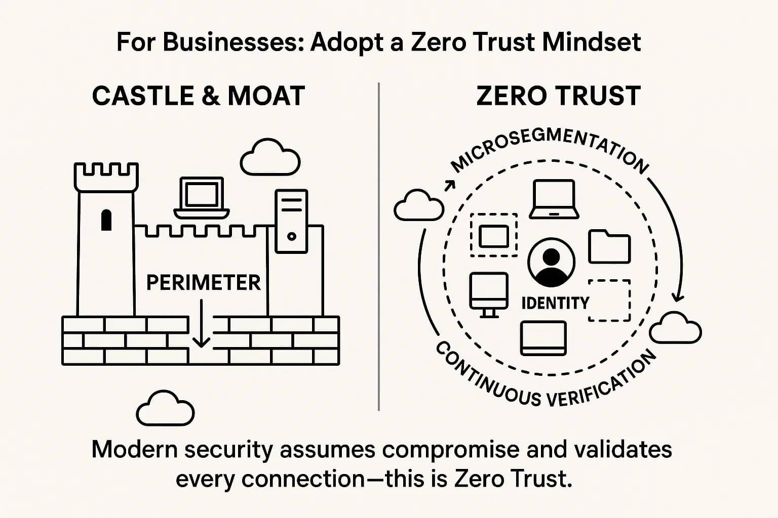 llustration comparing traditional perimeter security vs. Zero Trust architecture with identity, microsegmentation, and continuous verification.