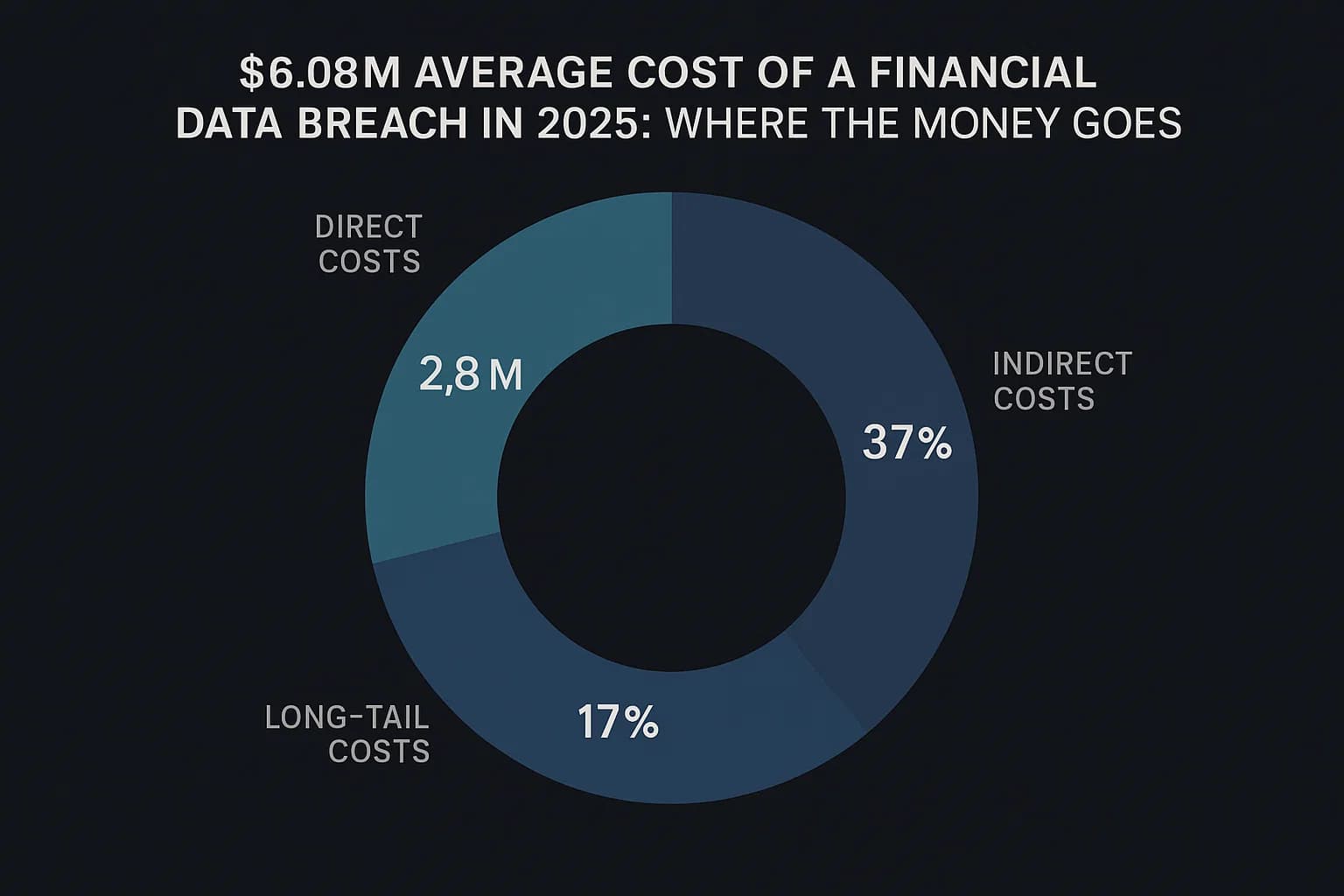 Dark-themed chart showing financial breach costs: $2.8M lost business, remaining split between investigation, legal, PR, fines, and long-term impacts.