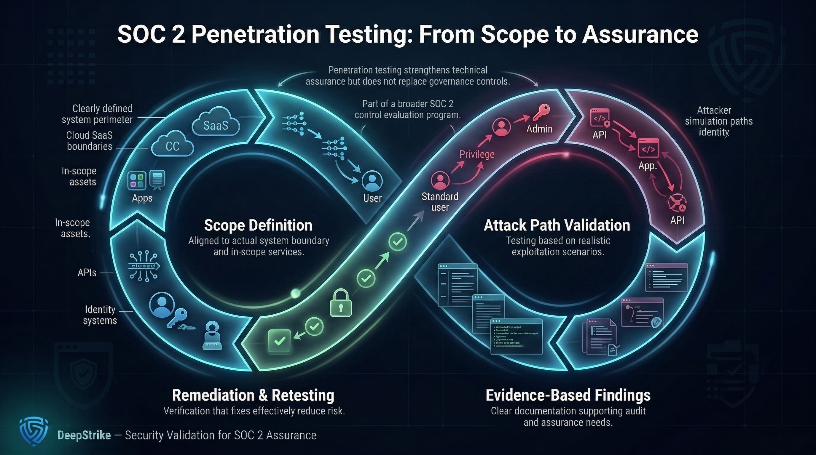 “A cybersecurity diagram shows a circular assurance loop for SOC 2 penetration testing, including scope definition, attack-path validation, evidence-based reporting, and remediation retesting, illustrating a continuous security validation process.”