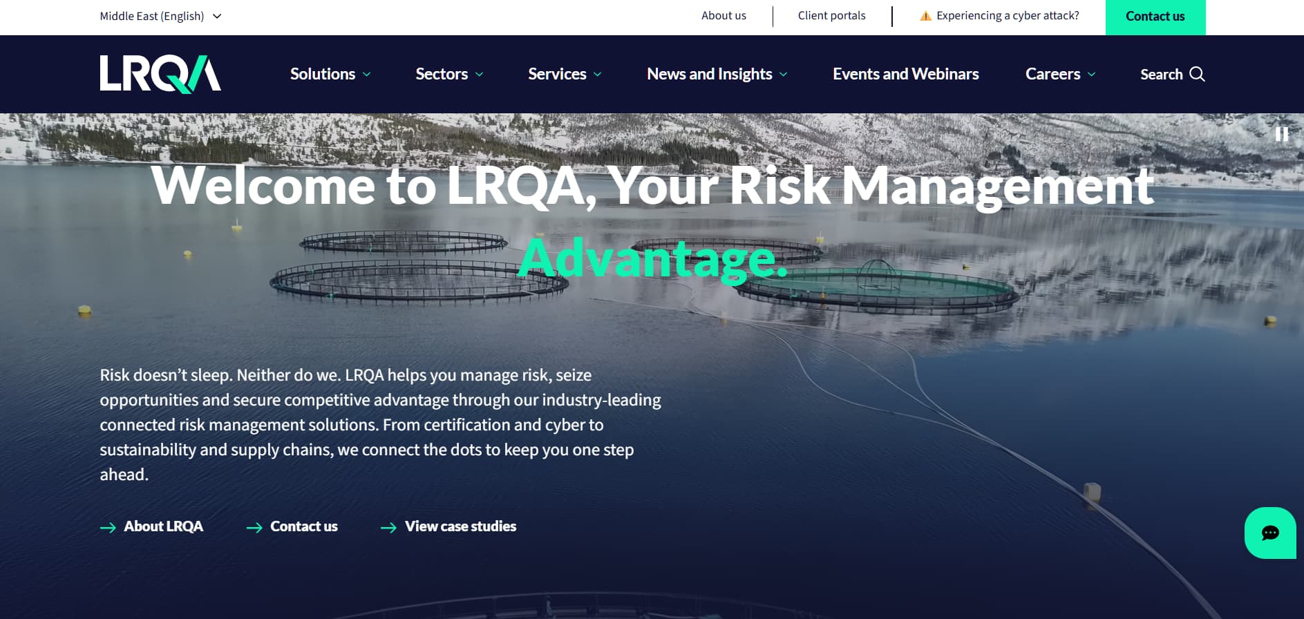 LRQA risk management and cybersecurity homepage banner with lake landscape and “Your Risk Management Advantage” headline