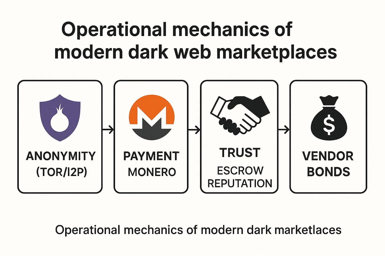 Flow diagram showing how dark web marketplaces operate, from anonymous access via Tor to Monero payments and vendor reputation systems