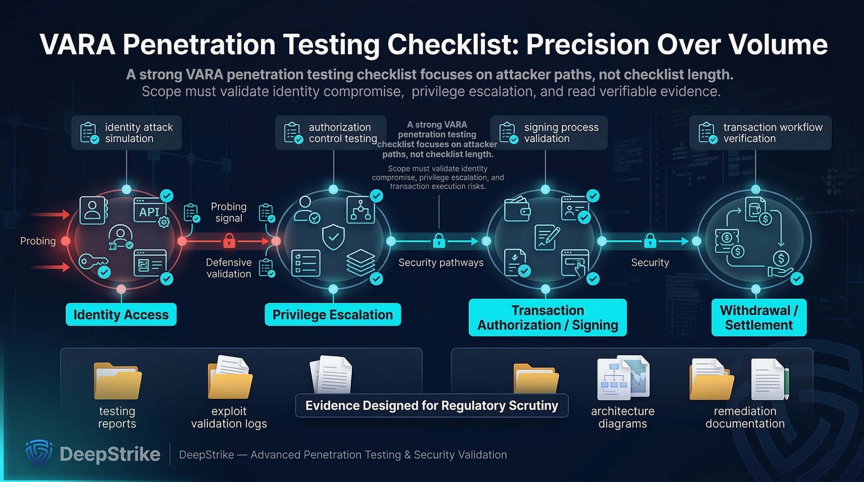 “A cybersecurity diagram shows a structured attacker path used in VARA penetration testing validation, moving from identity compromise to privilege escalation, transaction authorization, and withdrawal settlement, with testing checkpoints and evidence outputs.”