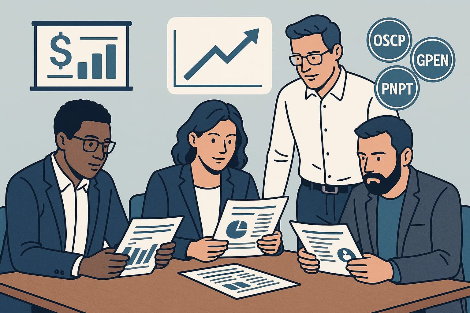 "Penetration testers reviewing reports with certification badges and 2025 job market statistics."