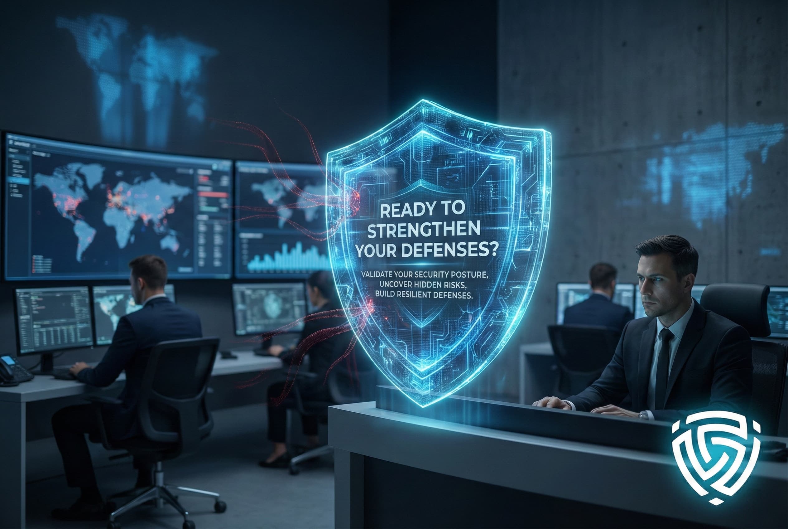 Cybersecurity operations center with analysts monitoring screens and digital shield showing “Ready to Strengthen Your Defenses”