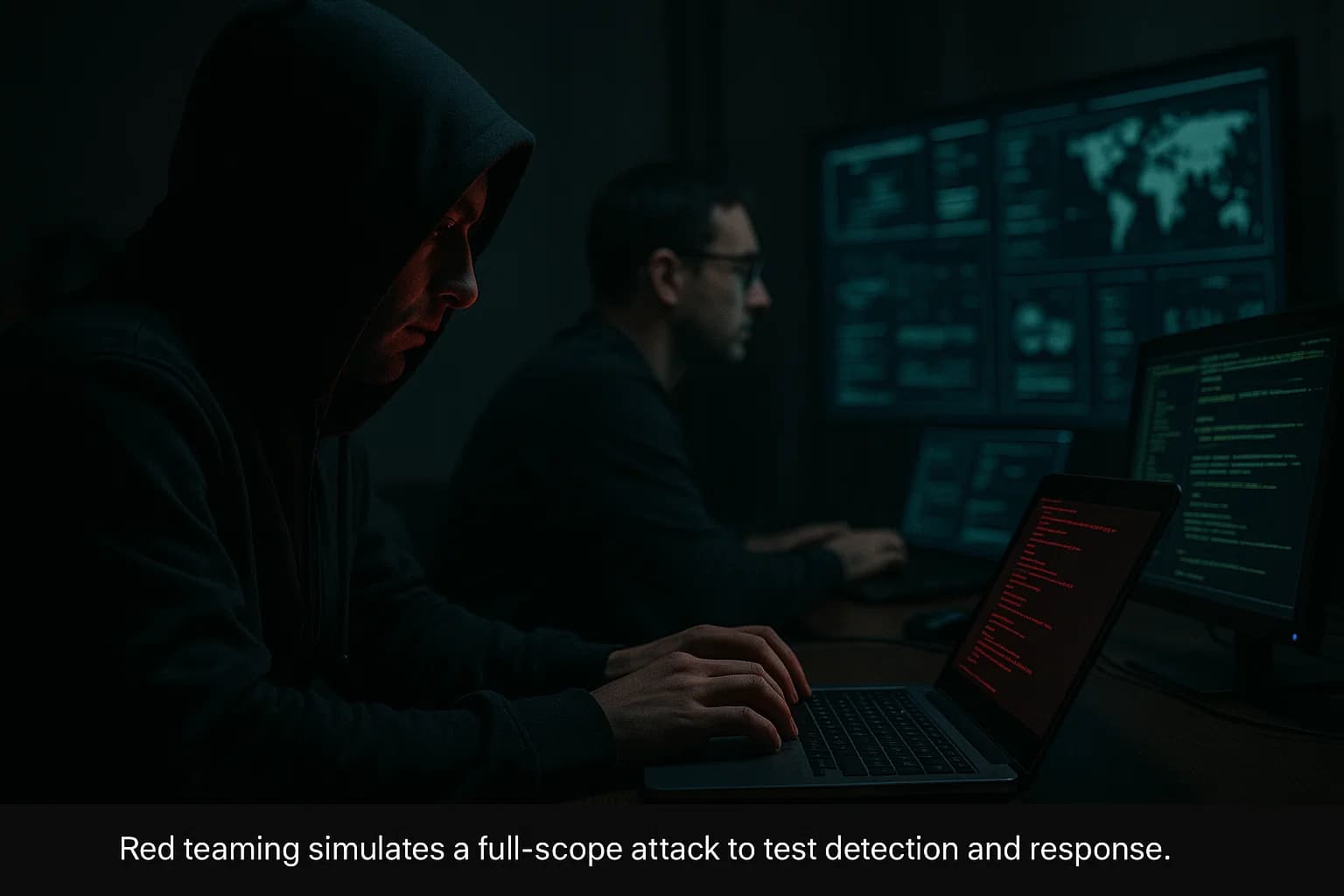 Illustration showing a red team scenario with a stealth attacker emulating a real adversary while a blue team monitors systems.