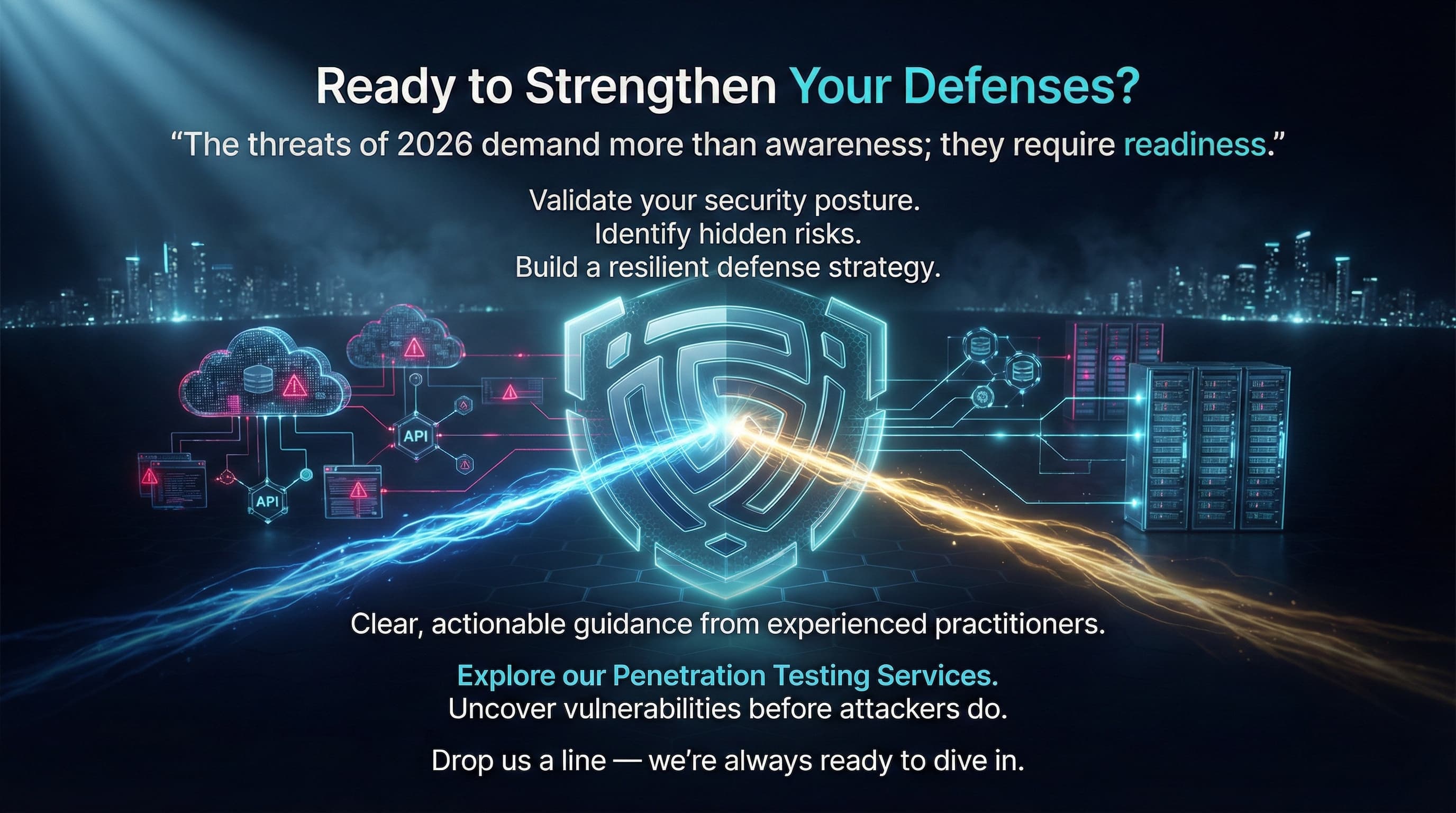 “A dark futuristic digital landscape shows the DeepStrike logo at the center of a glowing hexagonal energy shield. Blue and amber energy streams merge into the logo, activating the shield and stabilizing surrounding digital infrastructure. Text emphasizes readiness, validation, and proactive penetration testing services in 2026.”