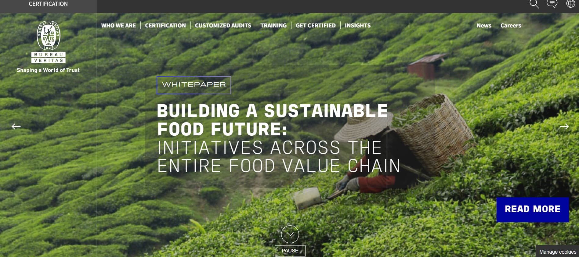 Green agricultural landscape with a worker harvesting crops on a hillside, featuring the headline about “Building a Sustainable Food Future” and a “Read More” button.