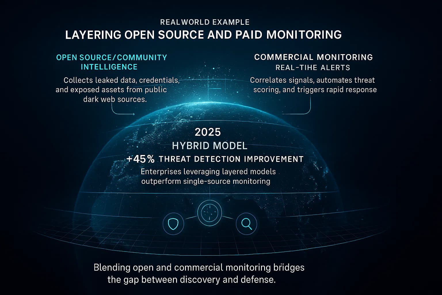 “The camera dives through two data layers — open-source and commercial monitoring — visualizing how signals from both fuse into a unified intelligence network. Light pulses move across continents as correlated alerts appear. The merged system glows brighter, representing faster detection and stronger defense.”