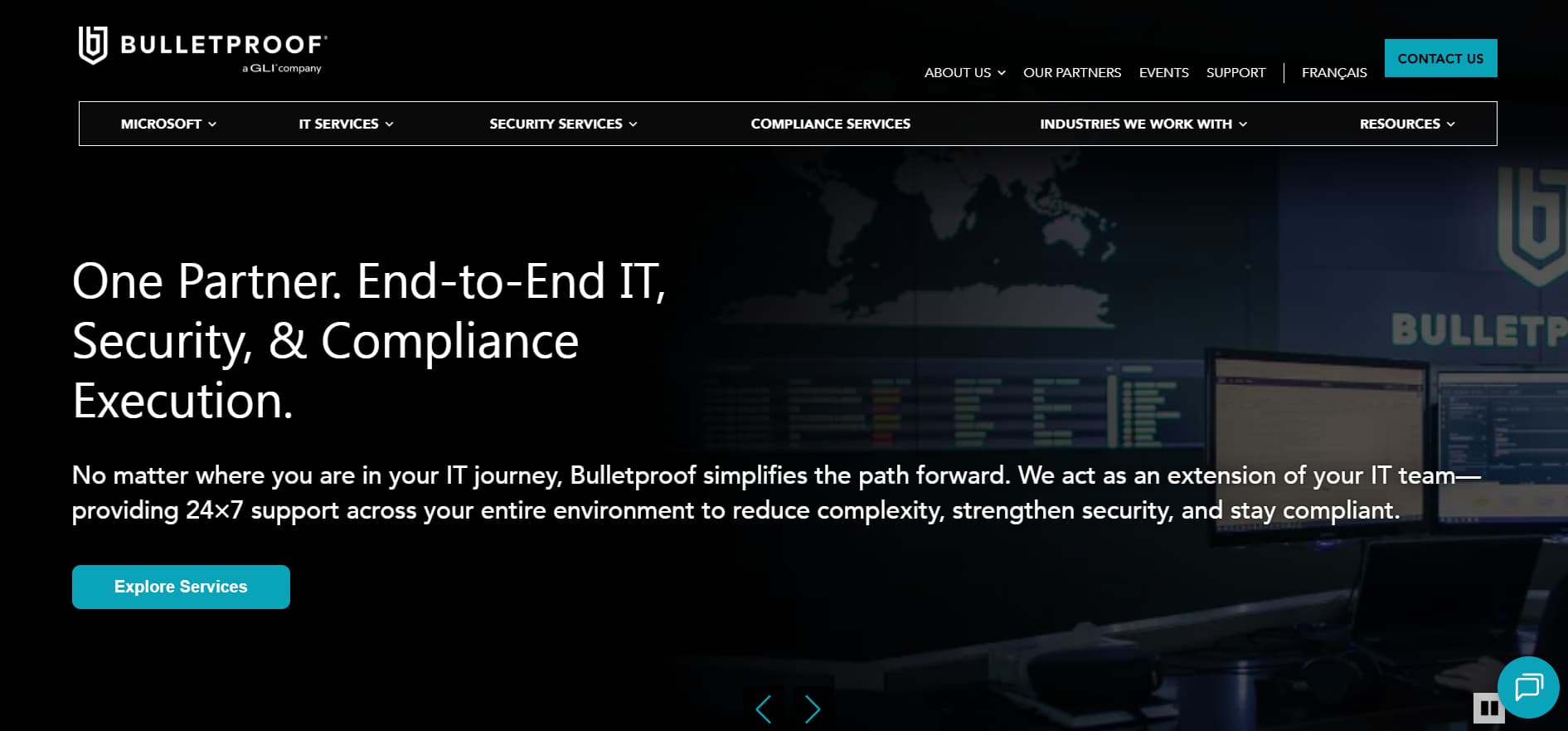 Bulletproof IT security and compliance services website hero banner with dark office background and “One Partner End-to-End IT” headline