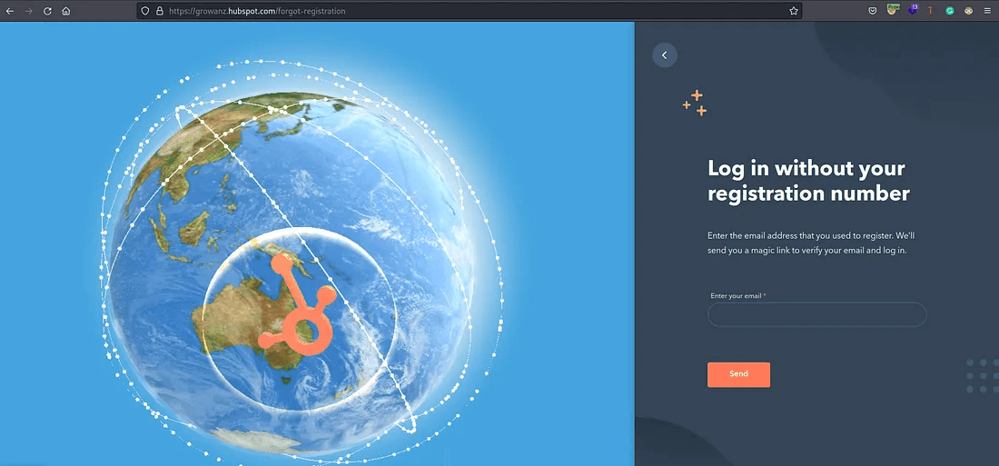 A screenshot of the Growanz HubSpot webpage for logging in without a registration number. The page features a graphic of the Earth and a form prompting the user to enter their email address to receive a login link.