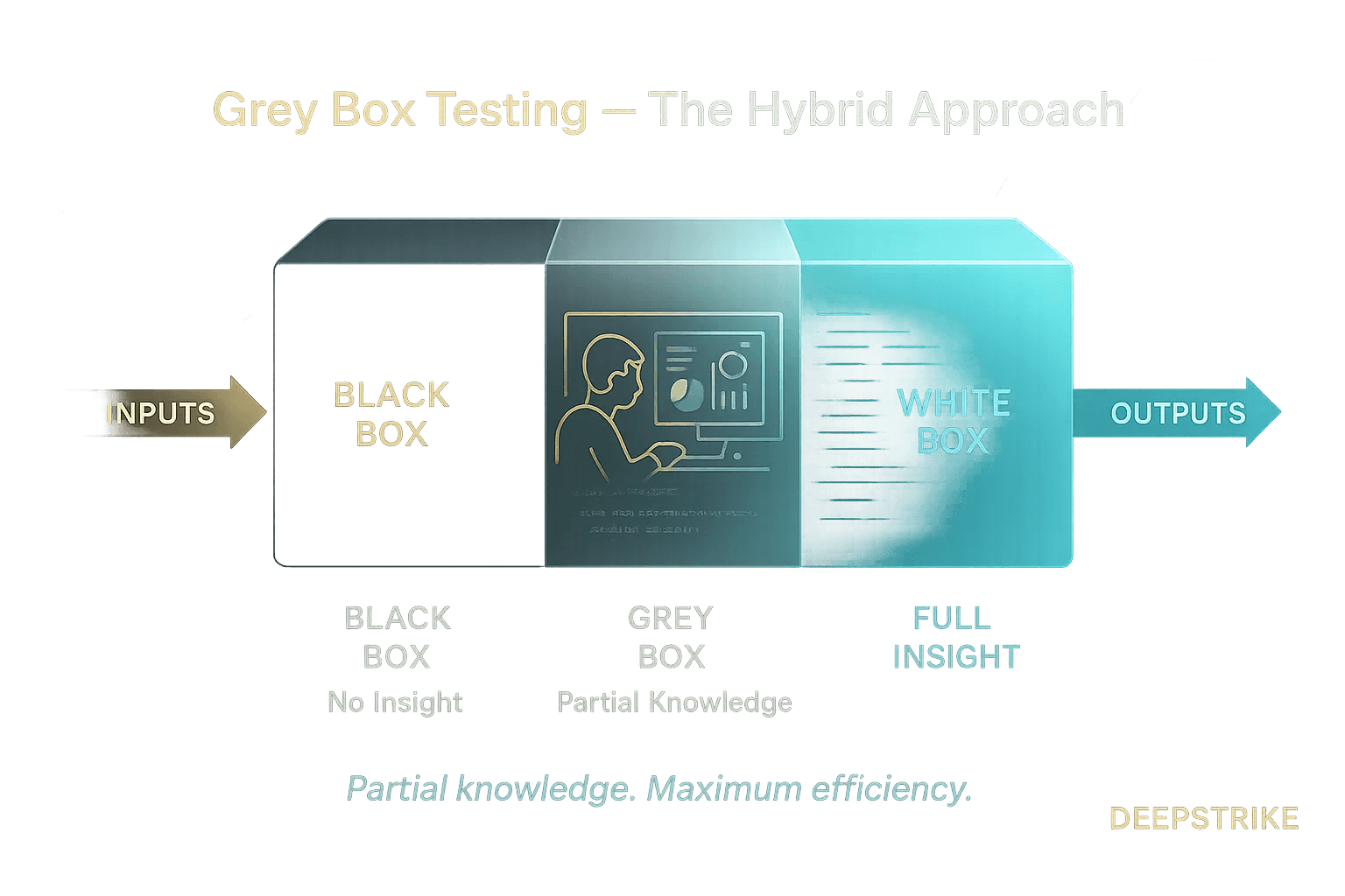 “Hybrid illustration showing a dark-to-transparent system divided into black, grey, and white sections, with a tester analyzing the semi-transparent middle area — representing grey box testing’s balance between visibility and realism.”