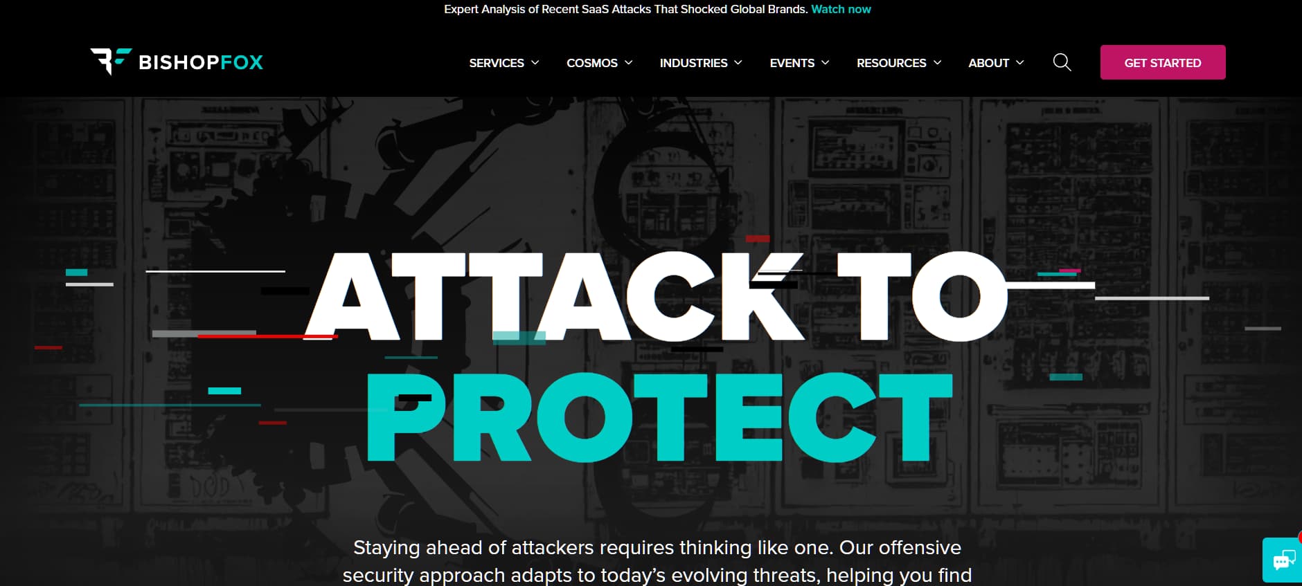 “Bishop Fox homepage hero with the headline ‘Attack to Protect,’ set over a dark technical background with glitch-style accent graphics.”