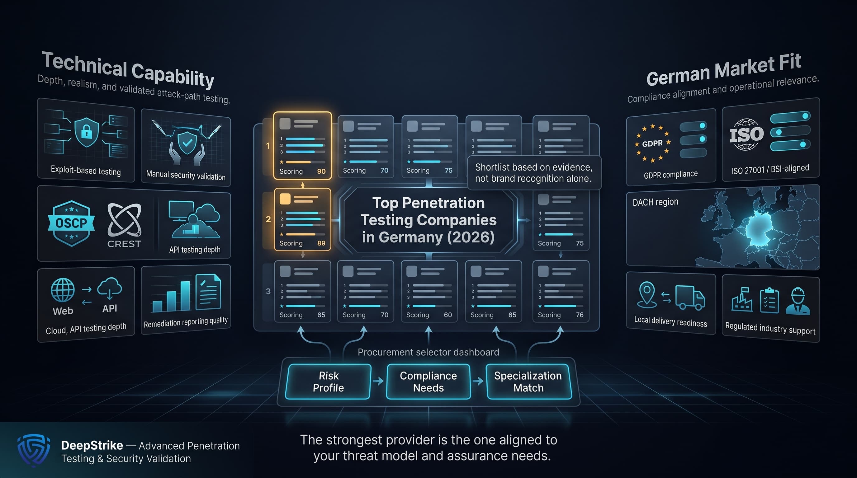 “A futuristic procurement dashboard compares top penetration testing companies in Germany using technical capability and compliance criteria. Ranked vendor cards, scoring metrics, and German market indicators appear in a premium cybersecurity analyst-report style scene.”