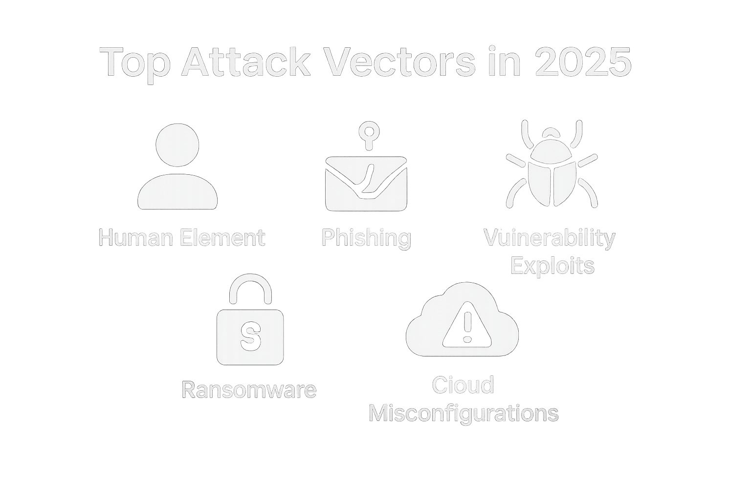Icons representing common data breach vectors: phishing, credential theft, vulnerability exploitation, ransomware, and misconfiguration