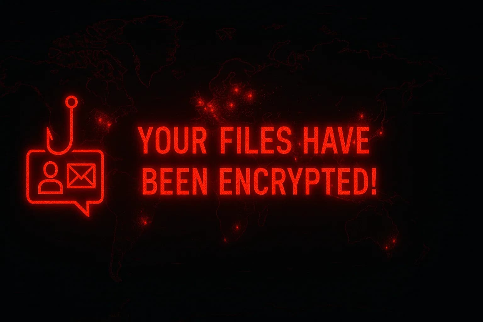 "Digital alert screen showing a ransomware encryption warning and global map of 2025 cyberattacks."