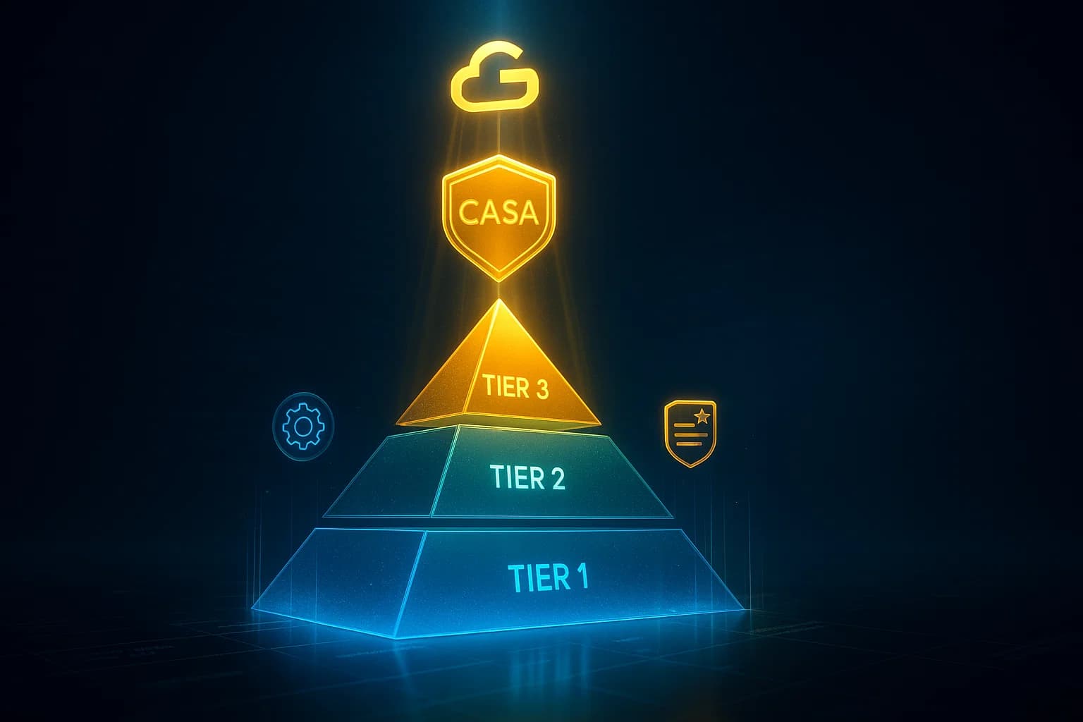 “Futuristic pyramid glowing in blue and gold hues, symbolizing CASA’s three-tier audit framework for cloud application security.”