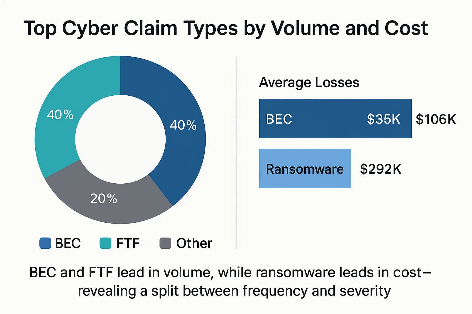 Donut chart showing 60% of claims from BEC and FTF. Bar chart showing average losses: BEC $35K–$106K, Ransomware $292K
