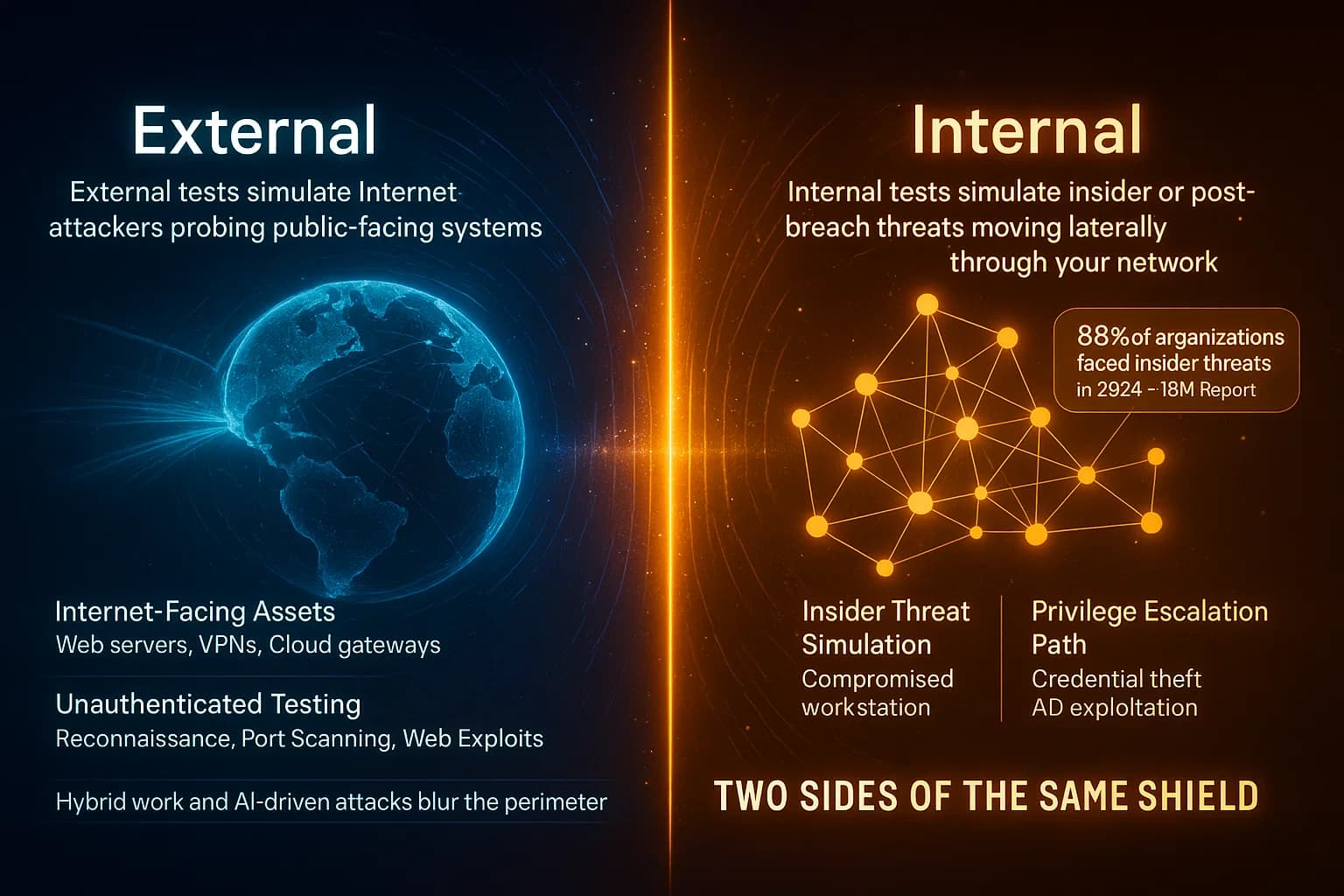 A split-scene 3D infographic animation that transitions from a digital globe view (external attack surface) to a corporate LAN schematic (internal network), symbolizing the shift from perimeter testing to internal exploitation.