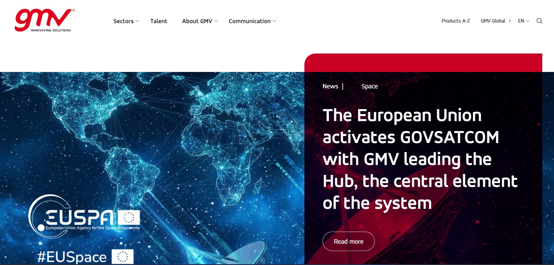 GMV technology website hero showing global satellite communication network map and European space systems visualization