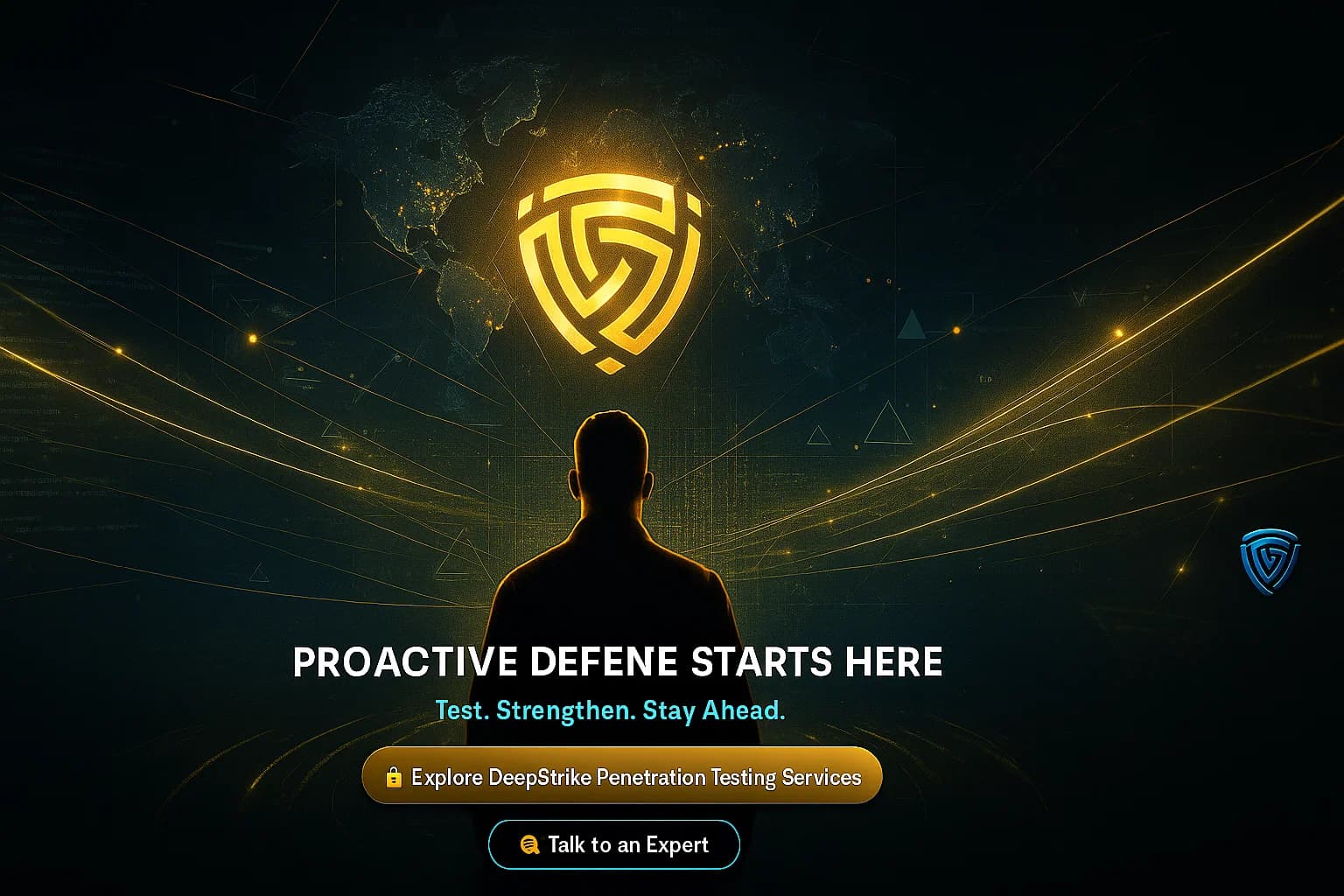 “Futuristic dark-themed hero visual showing a cybersecurity expert facing a holographic dashboard with glowing gold and cyan network lines converging into the DeepStrike logo, symbolizing readiness and proactive defense.”