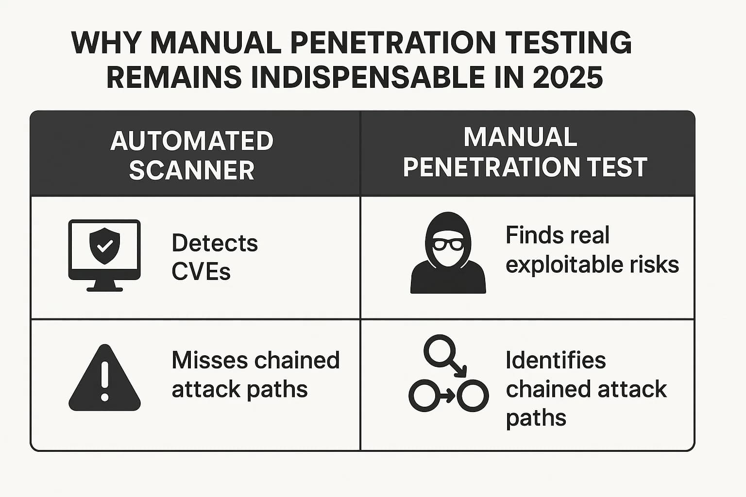Comparison chart showing automated scanners detect CVEs but miss chained attack paths, while manual pentesters find real exploitable risks.