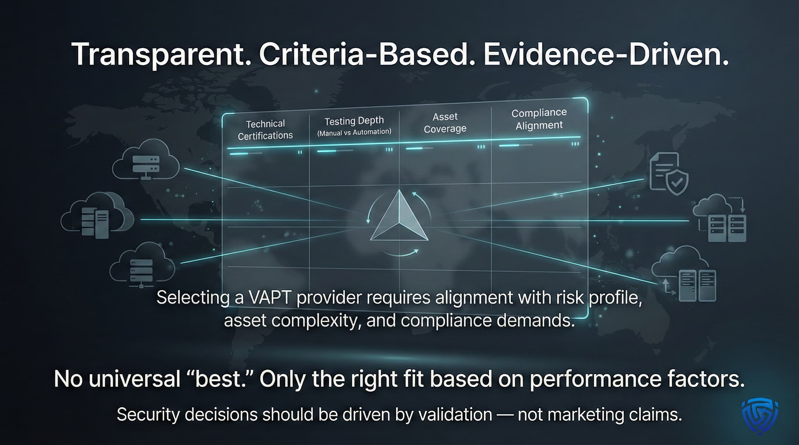 “A futuristic holographic comparison table floats in a dark blue digital environment, showing evaluation criteria such as certifications, testing depth, asset coverage, and compliance alignment. Light beams connect the matrix to abstract enterprise infrastructures, symbolizing structured vendor selection based on objective factors.”