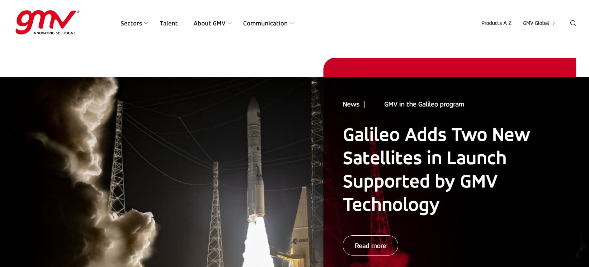 “GMV technology company website showing a rocket launch image and headline ‘Galileo Adds Two New Satellites in Launch Supported by GMV Technology’.”