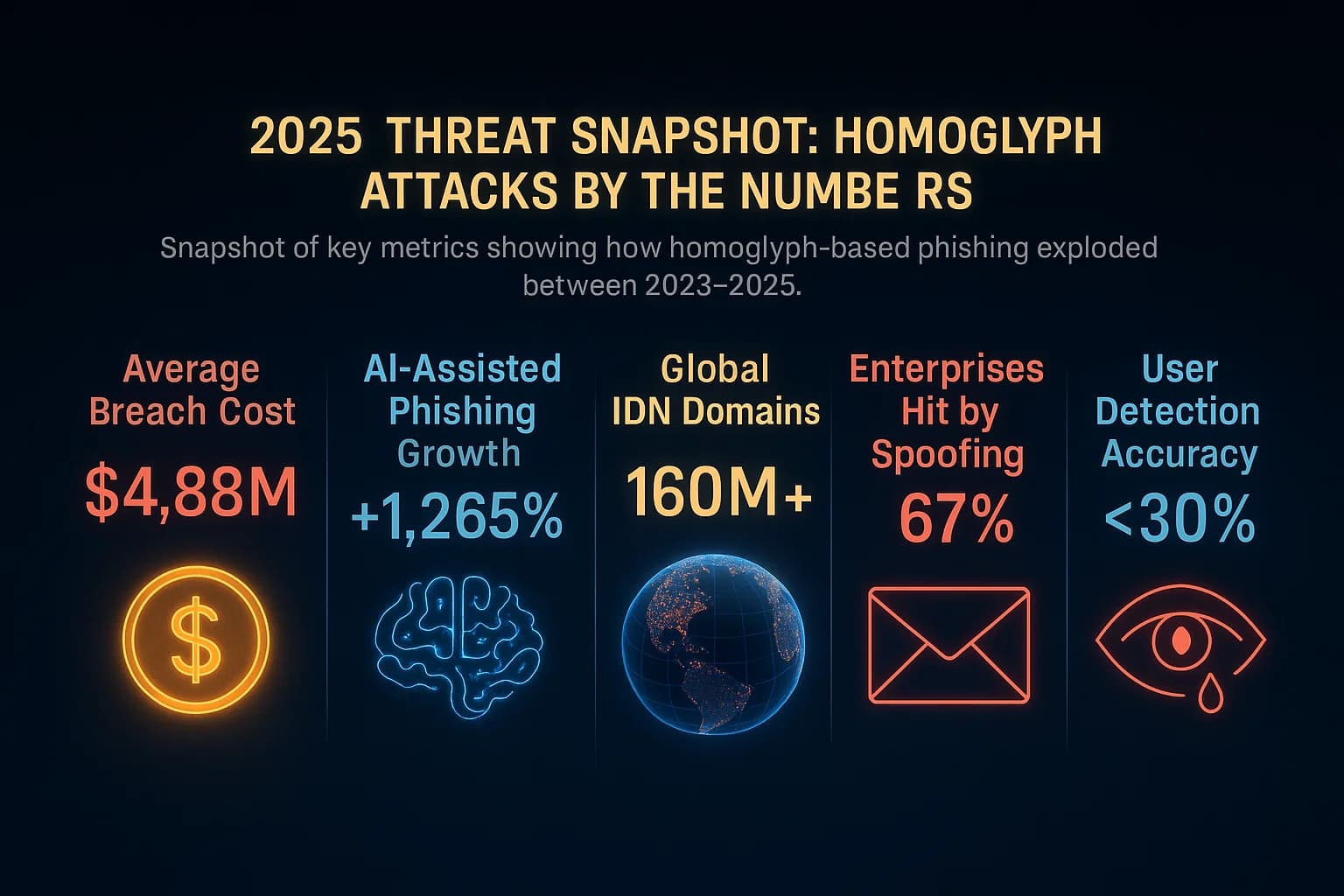 Infographic showing how AI automation, Unicode domain growth, and human error combine to make homoglyph attacks a major phishing threat in 2025, with global domain visuals and breach statistics.