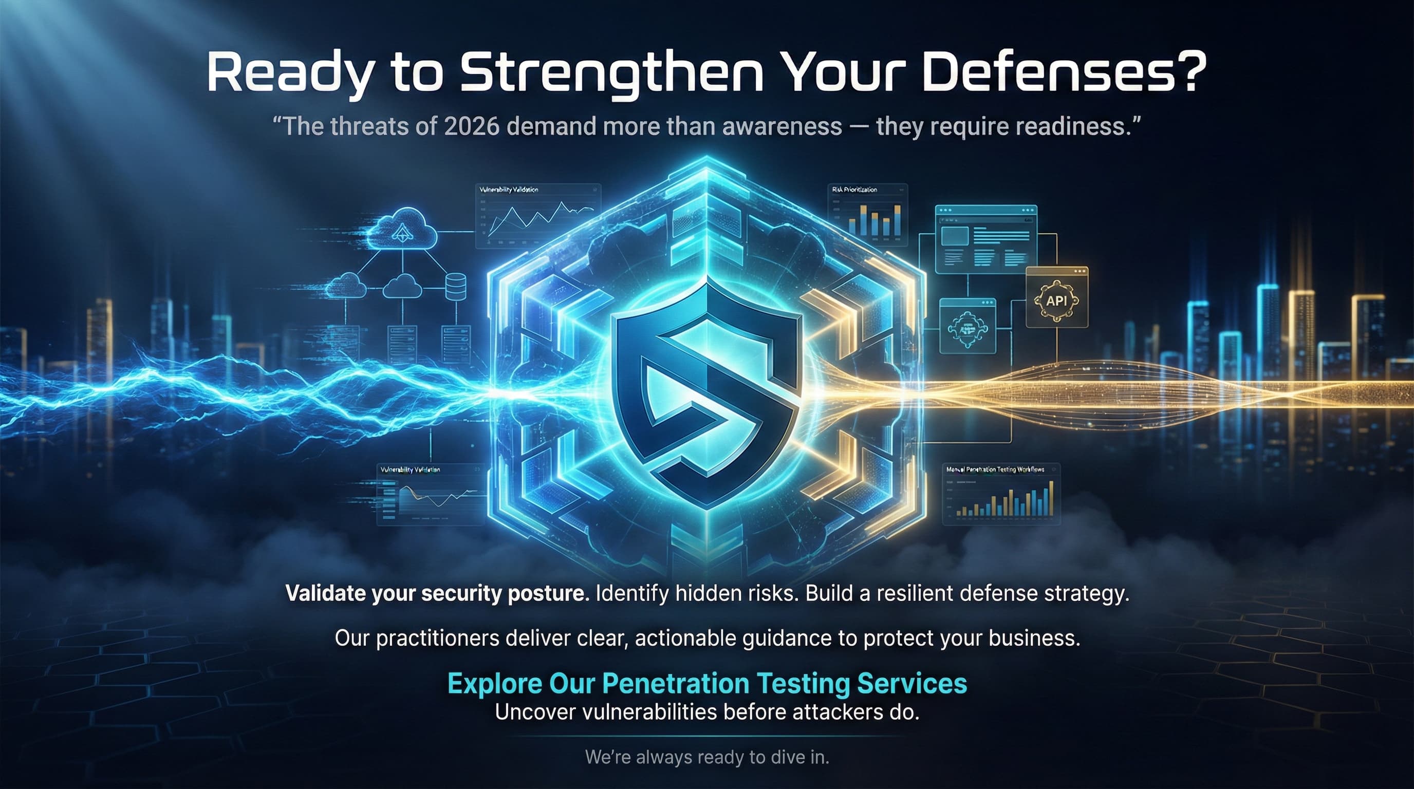 “A dark blue futuristic digital environment shows the DeepStrike logo embedded at the center of a glowing hexagonal shield. Blue and amber energy streams merge into the logo, activating the shield and stabilizing surrounding digital infrastructure. Text overlays emphasize cybersecurity readiness in 2026 and promote DeepStrike’s penetration testing services.”