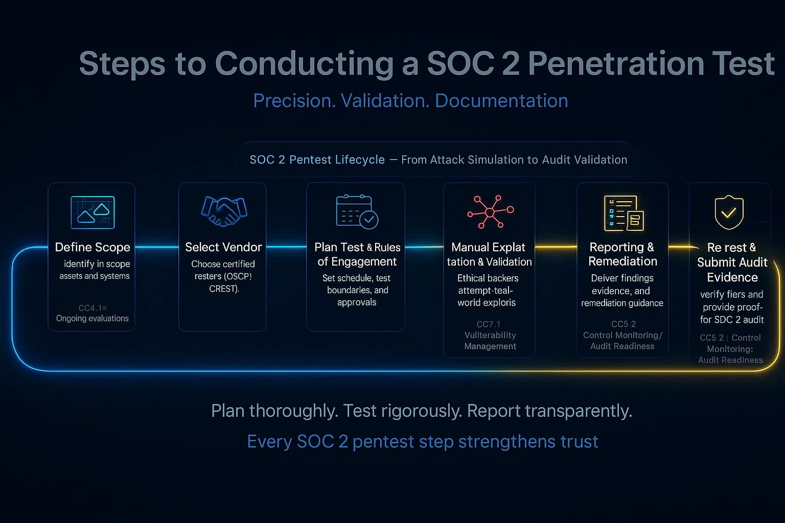 Infographic outlining the seven steps of SOC 2 penetration testing — defining scope, selecting vendor, planning, scanning, exploitation, reporting, and remediation verification for audit evidence.