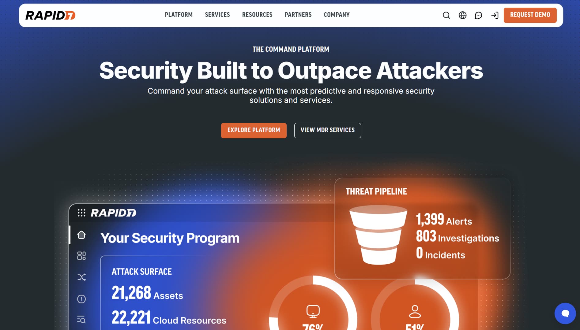 Rapid7 homepage showing the slogan ‘Security Built to Outpace Attackers,’ highlighting its Command Platform and MDR services for predictive and responsive threat management.
