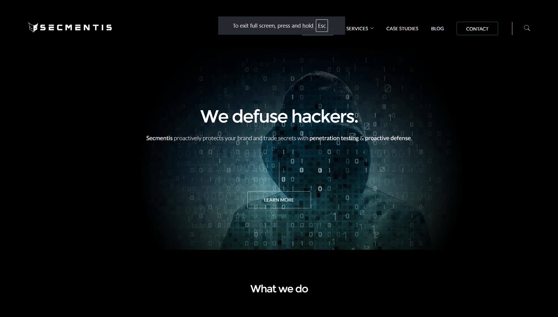 Screenshot of Secmentis homepage with dark binary background and the phrase ‘We defuse hackers,’ describing their penetration testing and proactive cybersecurity defense services