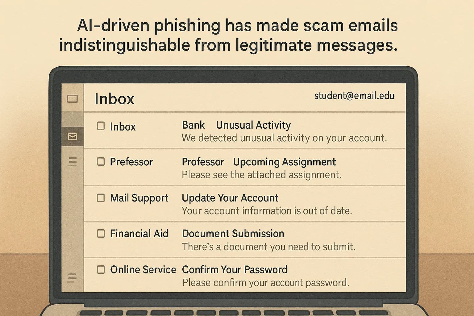 Illustration of a school email inbox showing realistic AI-generated phishing attempts.
