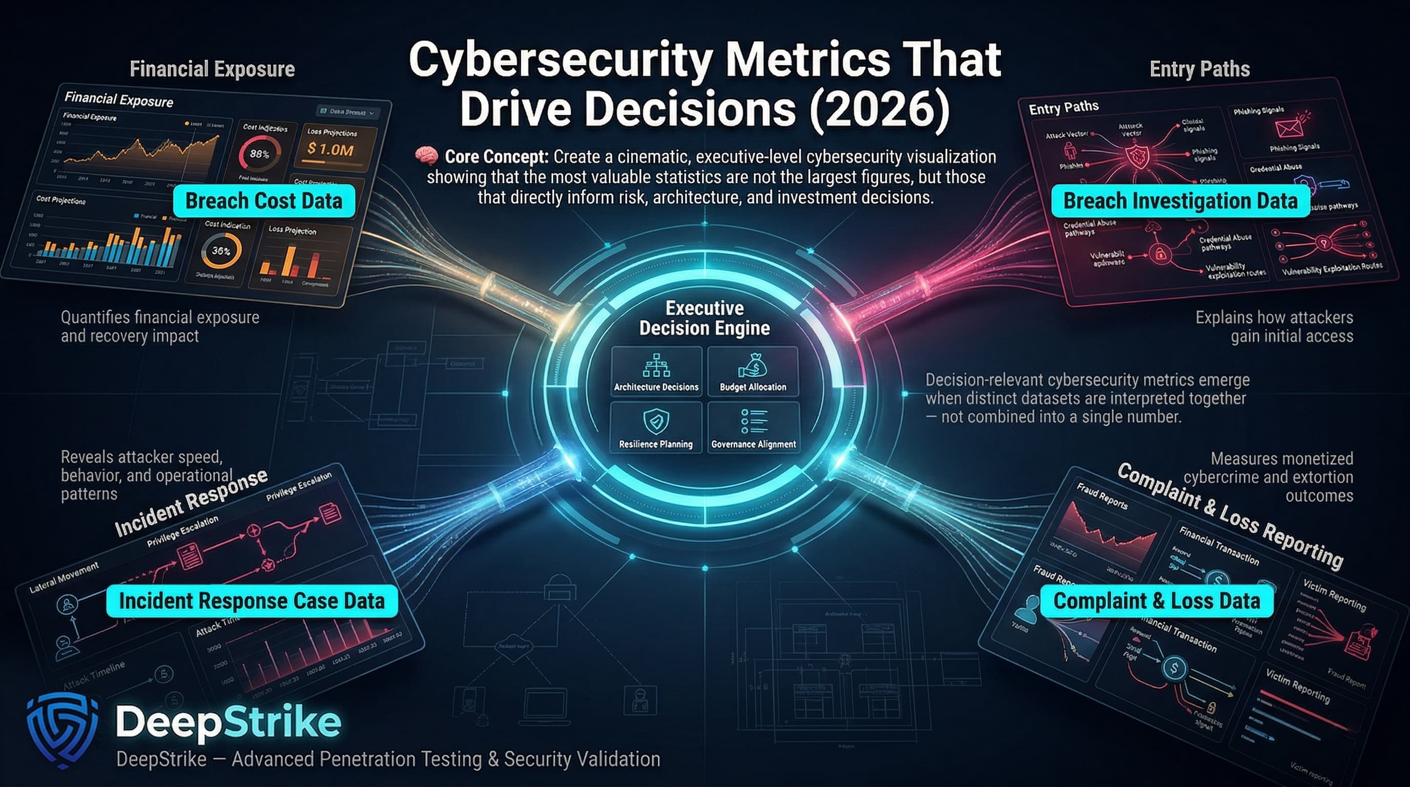 “A cybersecurity visualization shows four data streams—breach cost, breach investigations, incident response, and complaint reporting—feeding into a central decision engine, illustrating how different metrics combine to inform security decisions.”