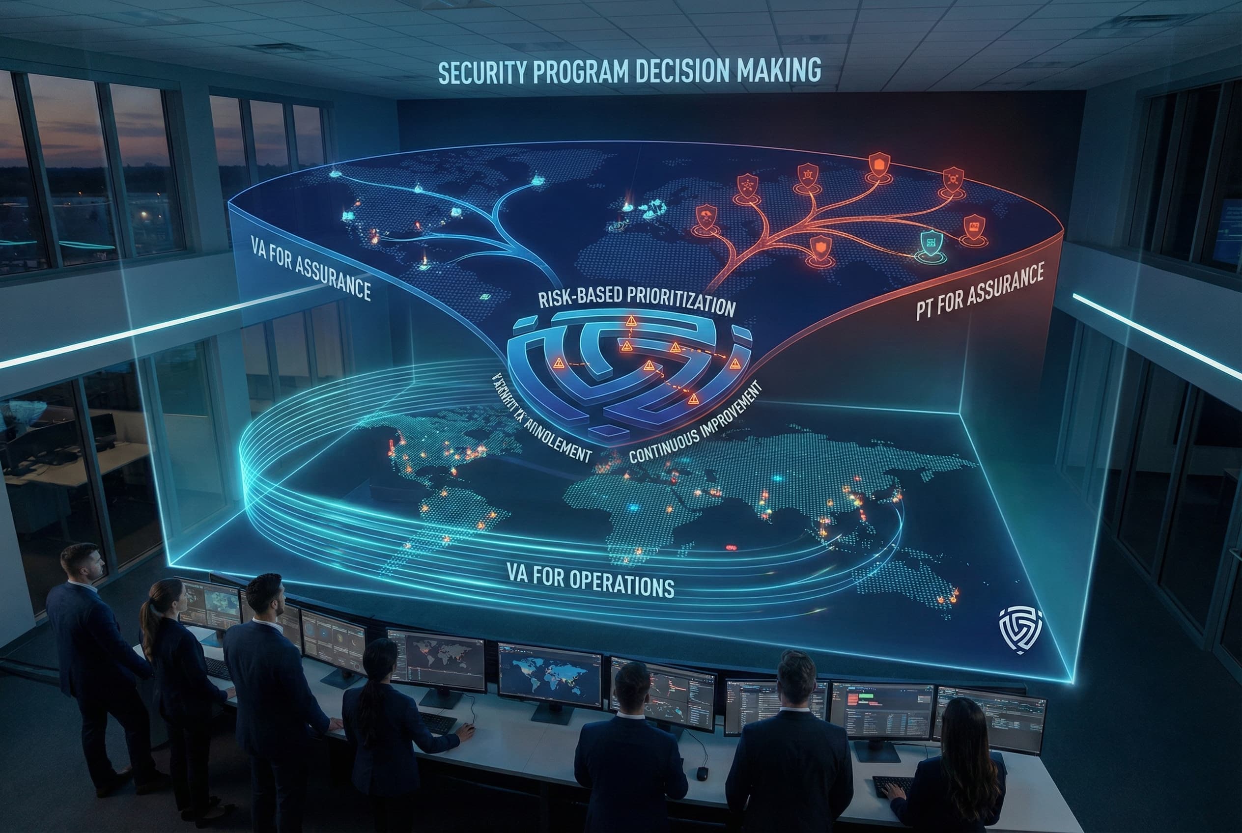 A security operations center visualization showing how vulnerability assessment and penetration testing results feed into risk-based prioritization, security strategy, and continuous improvement across global environments.