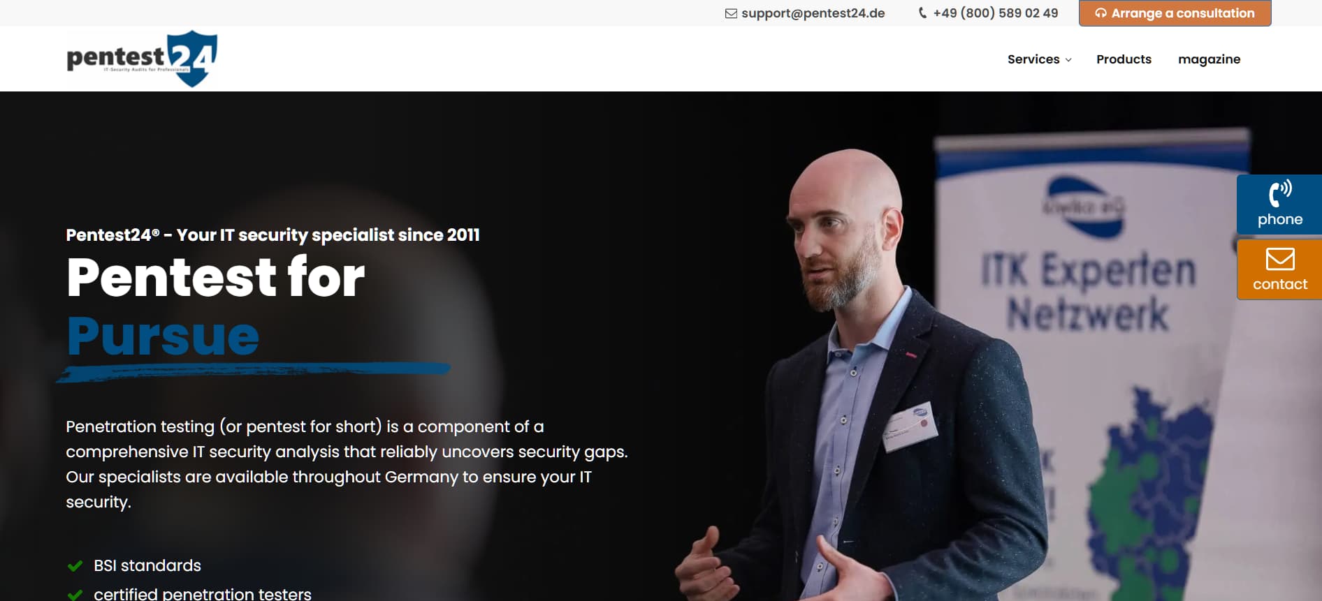 "Pentest24 homepage highlighting penetration testing services in Germany, with BSI standards compliance and certified penetration testers."