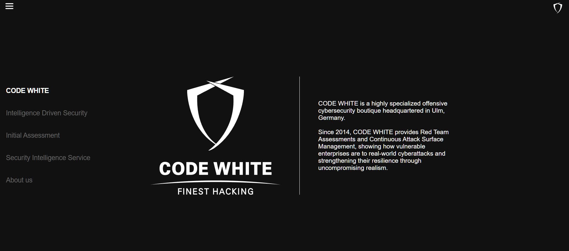 CODE WHITE homepage – Dark, minimalist layout with shield logo and “Finest Hacking” branding.