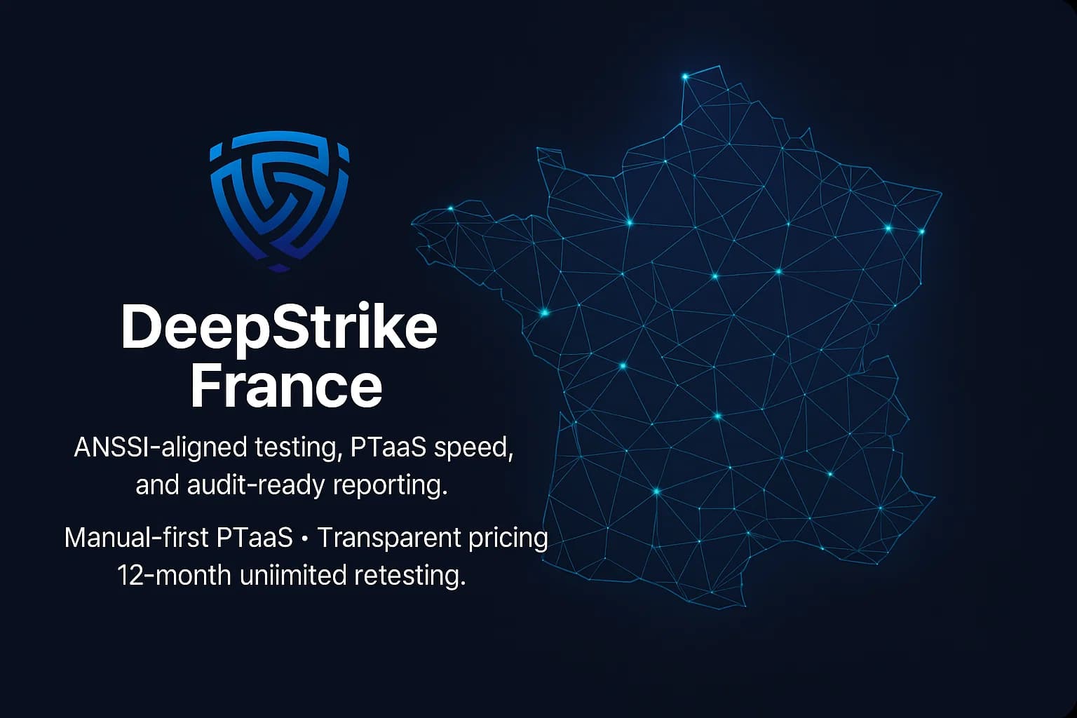 Dark-mode CTA inviting French organizations to engage DeepStrike for PTaaS and compliance-ready pentesting.