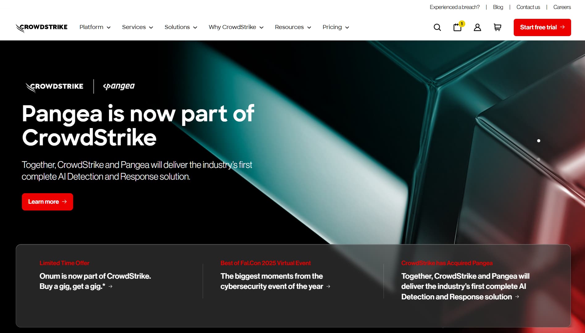 CrowdStrike homepage announcing the acquisition of Pangea and the launch of a complete AI Detection and Response solution.”