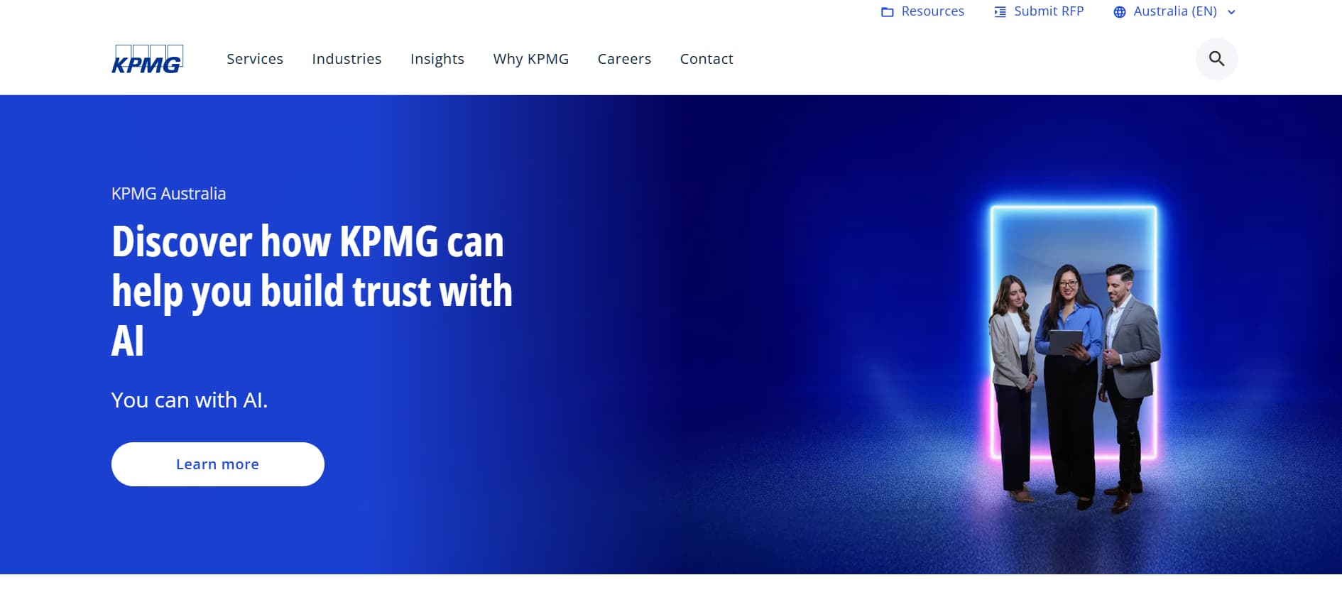 “KPMG Australia homepage with a blue gradient background, showing three professionals standing in a glowing frame and the headline ‘Discover how KPMG can help you build trust with AI.’”