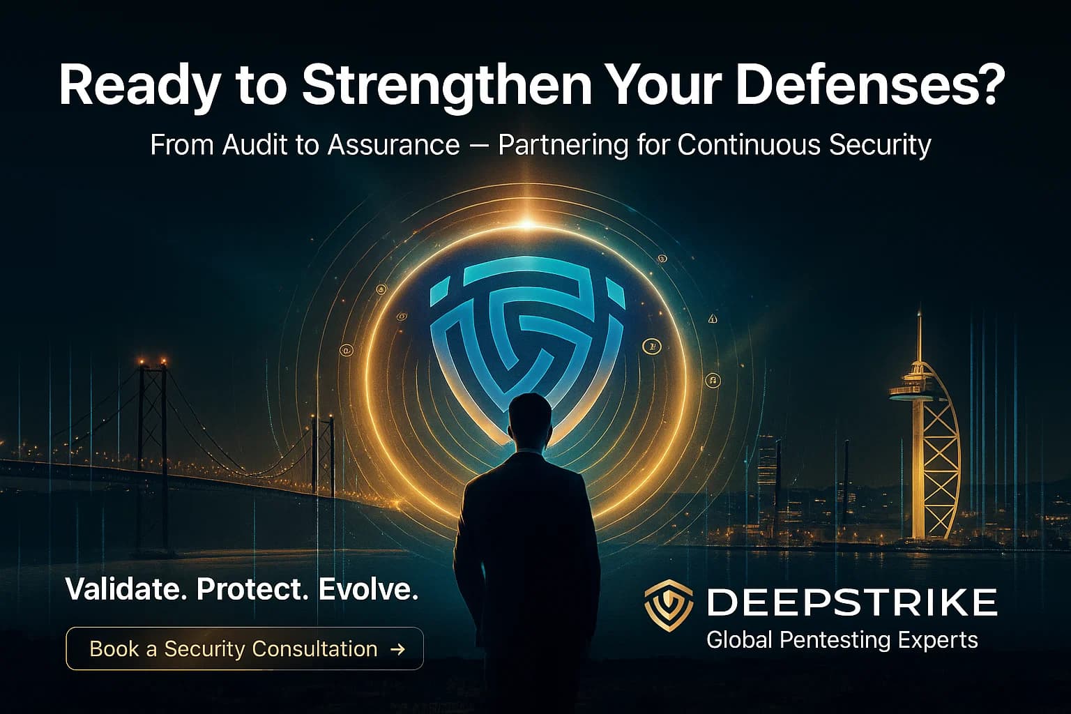 Digital illustration of a cybersecurity expert facing a holographic shield over Lisbon’s skyline, representing DeepStrike’s proactive, continuous penetration testing and compliance support in Portugal.