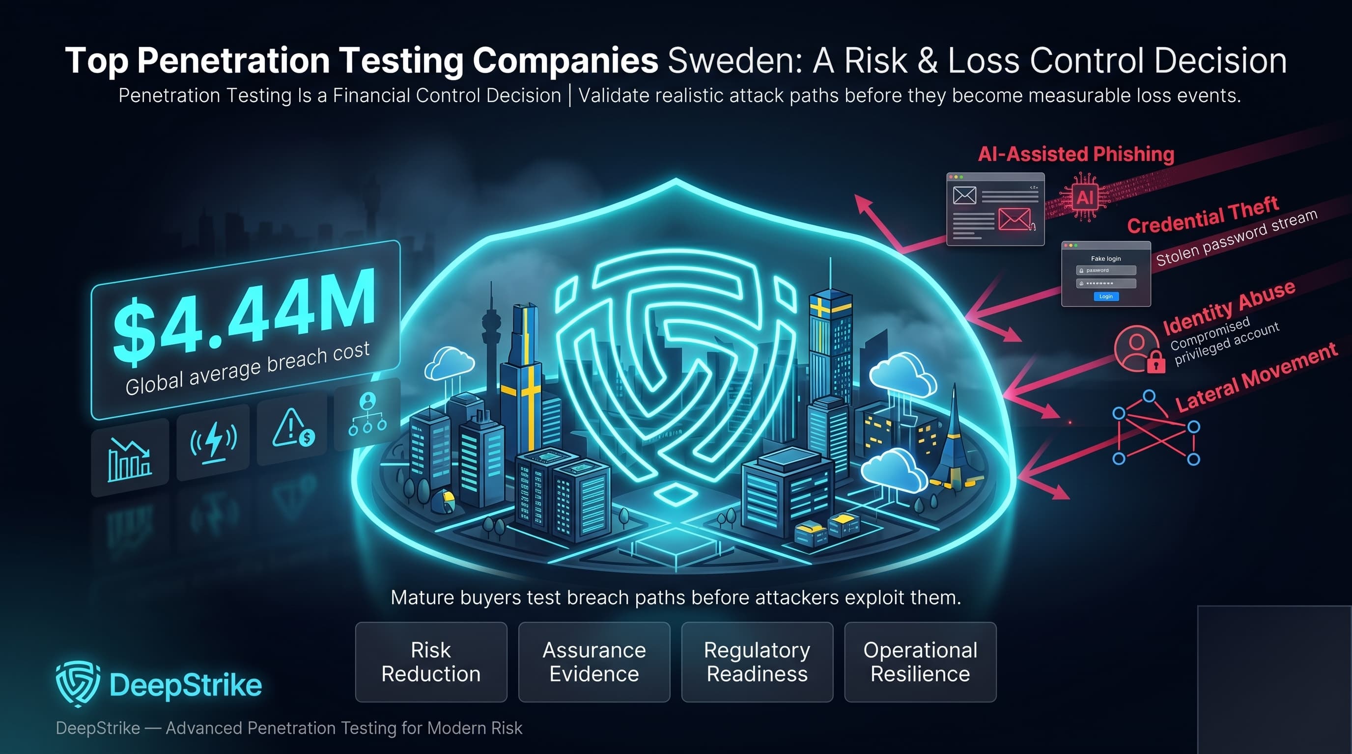 “A premium cybersecurity dashboard shows a Swedish enterprise skyline protected by a glowing shield while AI-assisted phishing, credential theft, identity abuse, and lateral movement attack paths approach. A $4.44M global breach cost metric appears on the left, while the bottom-right corner remains empty for watermark removal.”