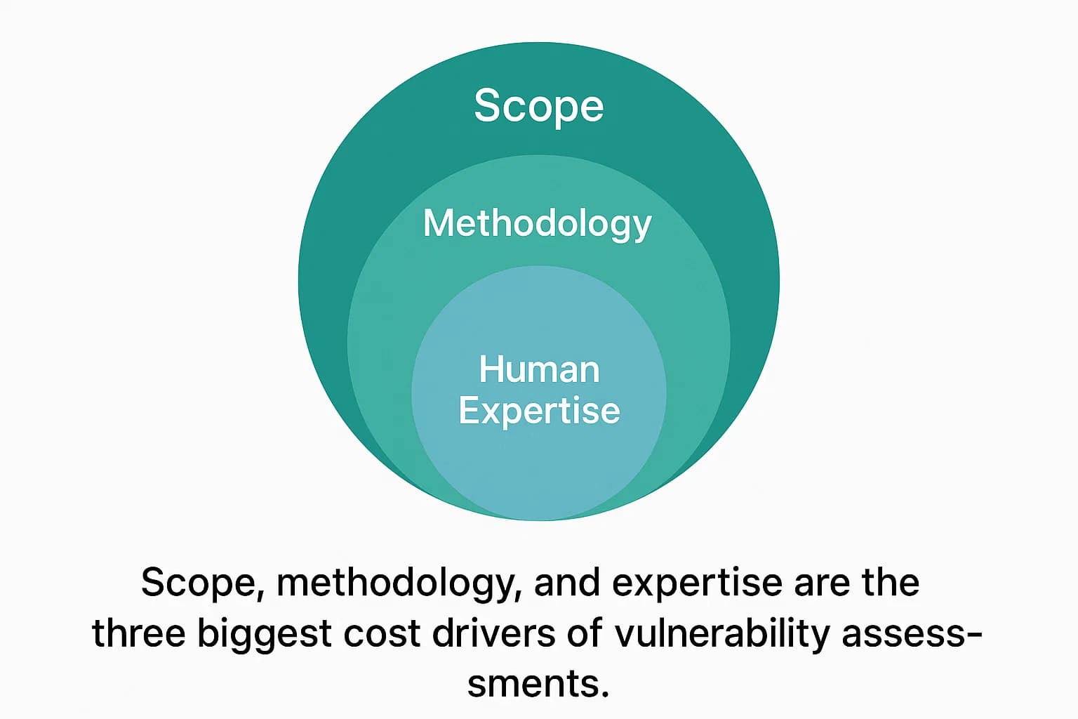 Diagram showing vulnerability assessment cost drivers: scope of assets, testing methodology, and human expertise.