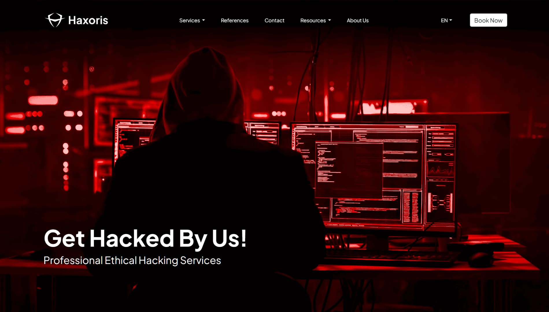 Screenshot of Haxoris homepage with a red hacker-themed background and the bold text ‘Get Hacked By Us,’ promoting professional ethical hacking and penetration testing services.