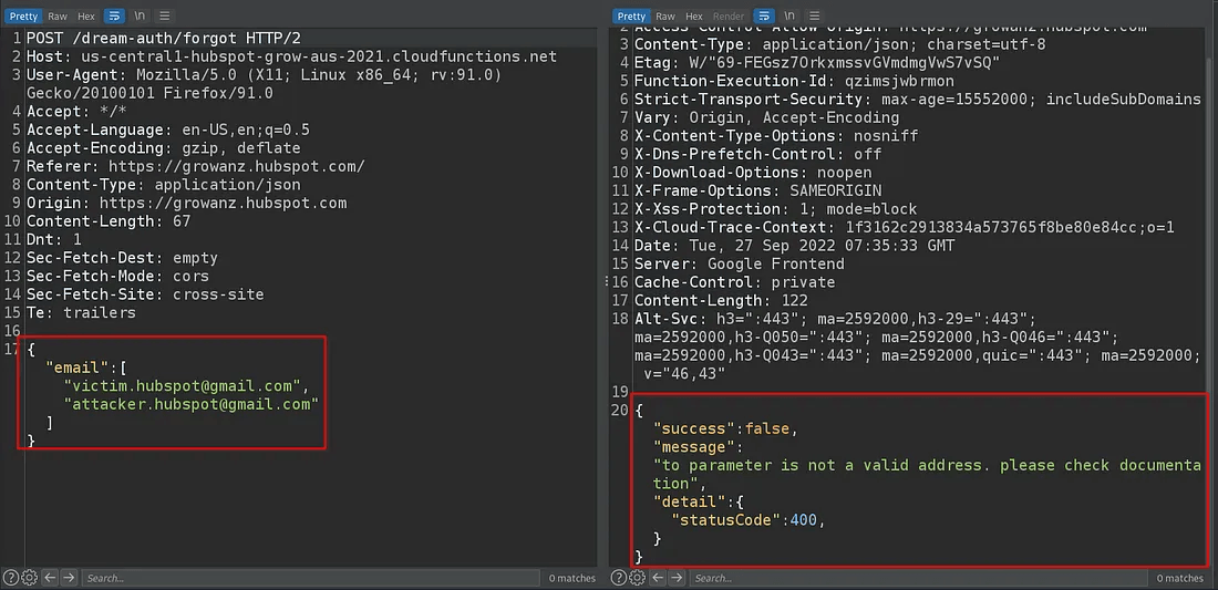 A two-panel screenshot illustrating a web request and its resulting error. The left panel shows an HTTP POST request where the "email" parameter is formatted as a JSON array of strings. The right panel shows an error response from the server stating, "to parameter is not a valid address".
