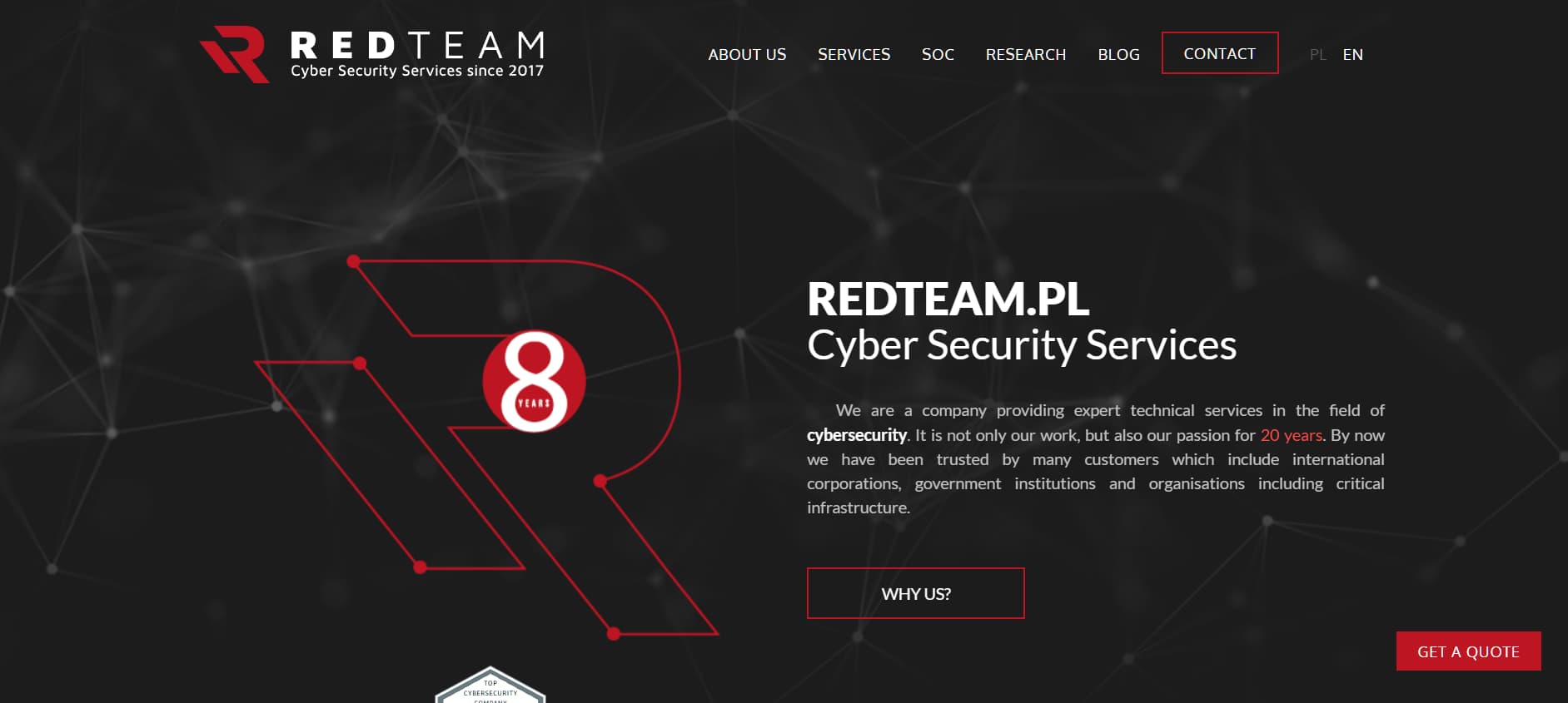 Dark cybersecurity website with red “R” graphic and text “Cyber Security Services.”